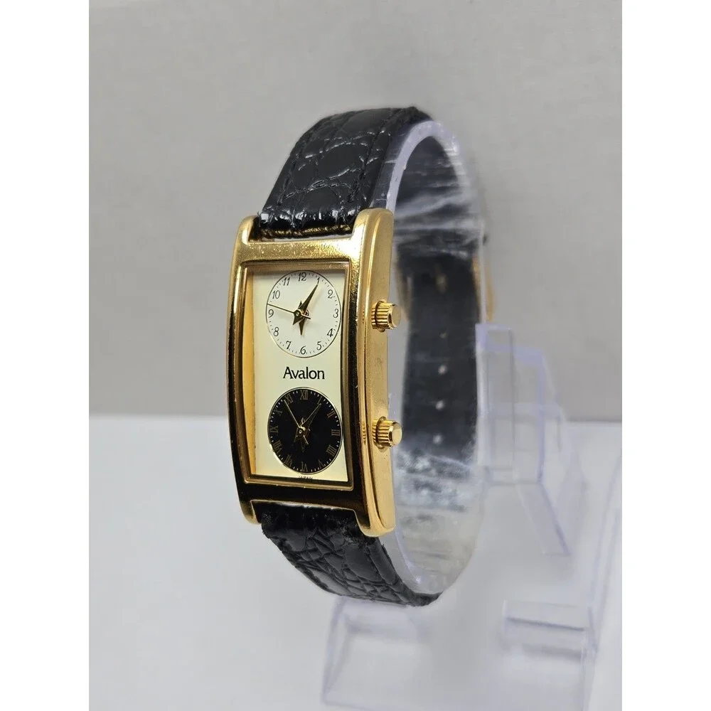 Vintage Avalon Dual Time 22mm Tank Gold Tone Leather Dress Watch New Battery